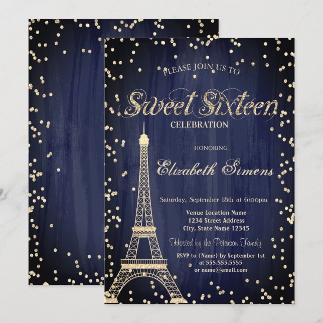 Gold Eiffel Tower Diamonds Navy Blue Sweet 16 Invitation (Front/Back)