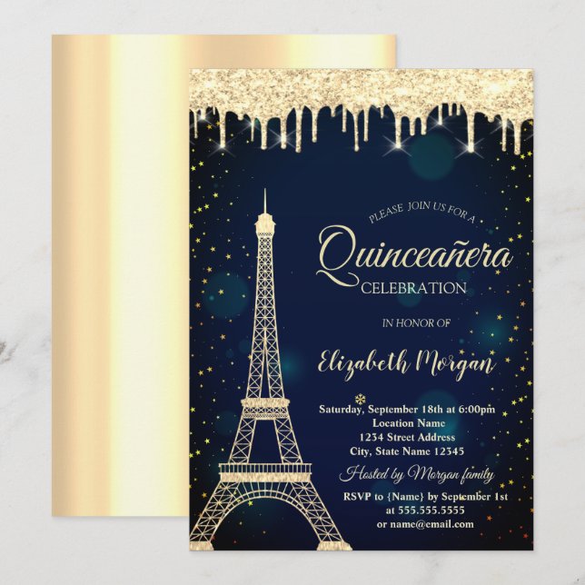 Gold Eiffel Tower,Drips Navy Blue Quinceañera Invitation (Front/Back)