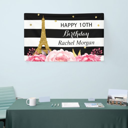 Gold Eiffel Tower Floral Girl Kids Birthday Party Banner | Zazzle