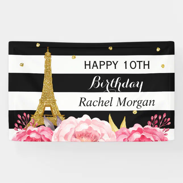 Gold Eiffel Tower Floral Girl Kids Birthday Party Banner | Zazzle