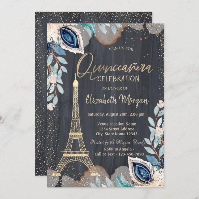 Gold Eiffel Tower,Flowers,Black Quinceañera Invitation (Front/Back)
