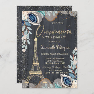 Gold Eiffel Tower,Flowers,Black Quinceañera Invitation