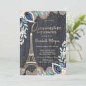 Gold Eiffel Tower,Flowers,Black Quinceañera Invitation (Standing Front)