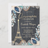 Gold Eiffel Tower,Flowers,Black Quinceañera Invitation (Front)