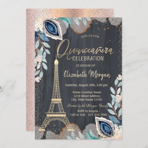 Gold Eiffel TowerFlowers Rose Gold Quinceanera Invitation