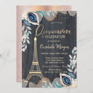 Gold Eiffel Tower,Flowers, Rose Gold Quinceanera Invitation
