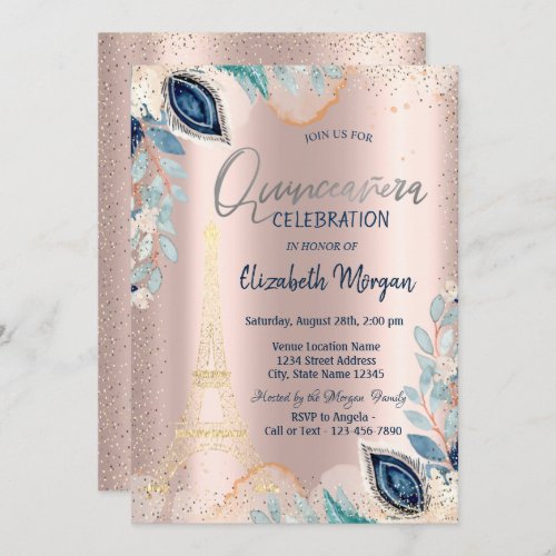 Gold Eiffel TowerFlowersRose Gold Quinceaera Invitation