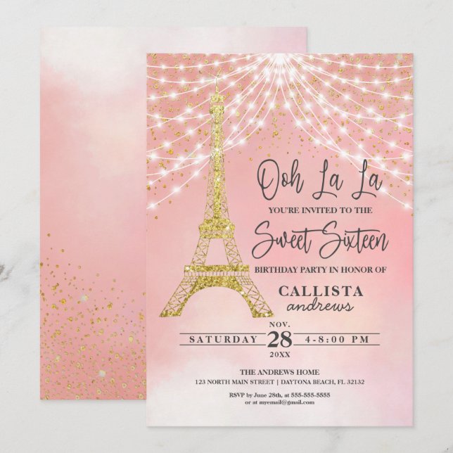 Gold Eiffel Tower Glitter Sparkles Lights Sweet 16 Invitation (Front/Back)