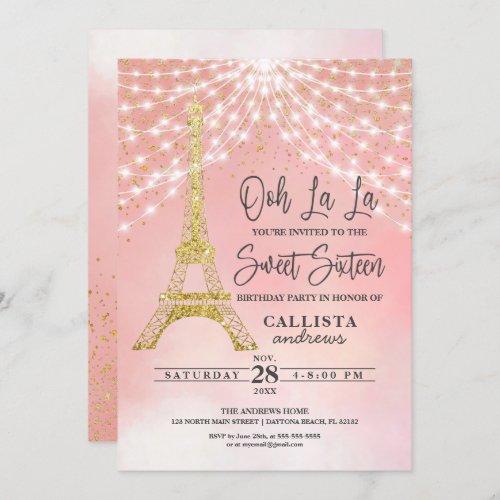 Gold Eiffel Tower Glitter Sparkles Lights Sweet 16 Invitation