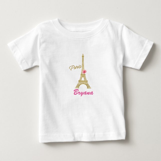 Gold Eiffel Tower Paris & Pink Rose Custom Baby T-Shirt (Front)