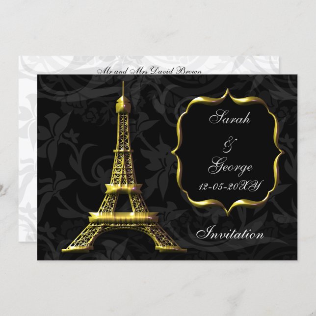 gold eiffel tower Paris wedding invitation (Front/Back)