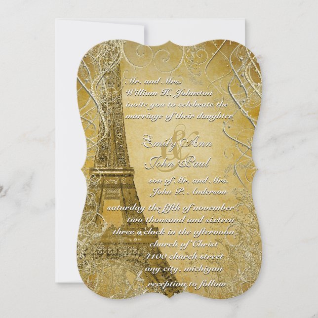 Gold Eiffel Tower Swirl Leaves  Invitation (Front)