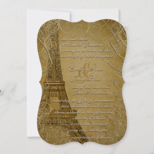 Gold Eiffel Tower Swirl Leaves  Invitation