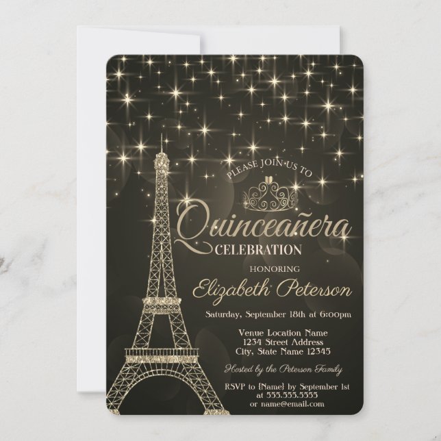 Gold Eiffel Tower,Tiara,Stars Gray Quinceañera  Invitation (Front)