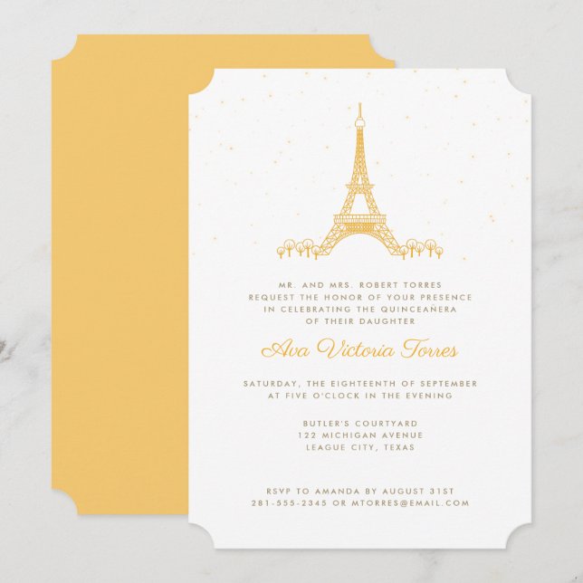 Gold Eiffel Tower Under the Stars Quinceañera Invitation (Front/Back)