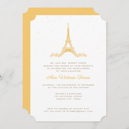 Gold Eiffel Tower Under the Stars Quinceaera Invitation