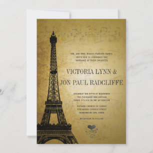 Gold Eiffel Tower Vintage Musical Notes Wedding Invitation