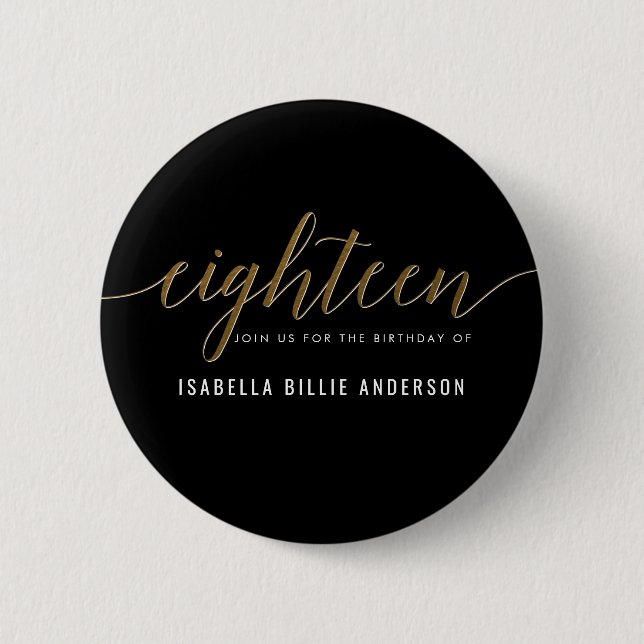 Gold Eighteen Script Birthday Party Button (Front)