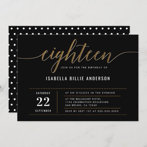 Gold Eighteen Script Birthday Party Invitations - Gold Eighteen Script 18th Birthday Party Invitations by Eugene Designs.