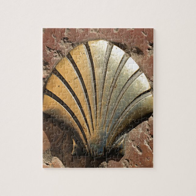 Gold El Camino shell sign, pavement, Leon, Spain Jigsaw Puzzle (Vertical)