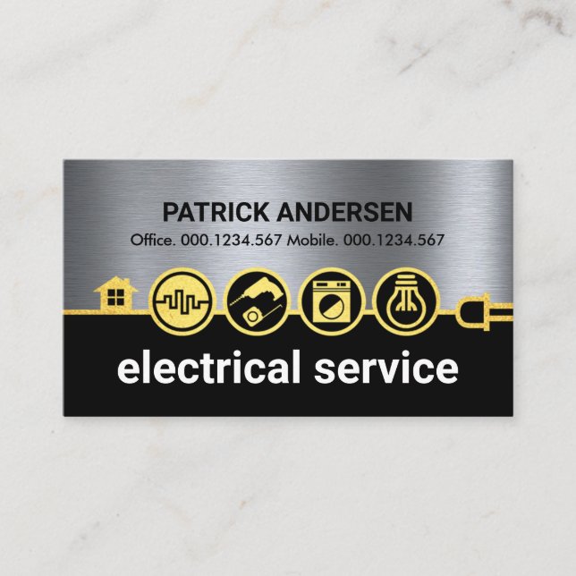 Gold Electrical Icons Power Line On Silver Business Card (Front)