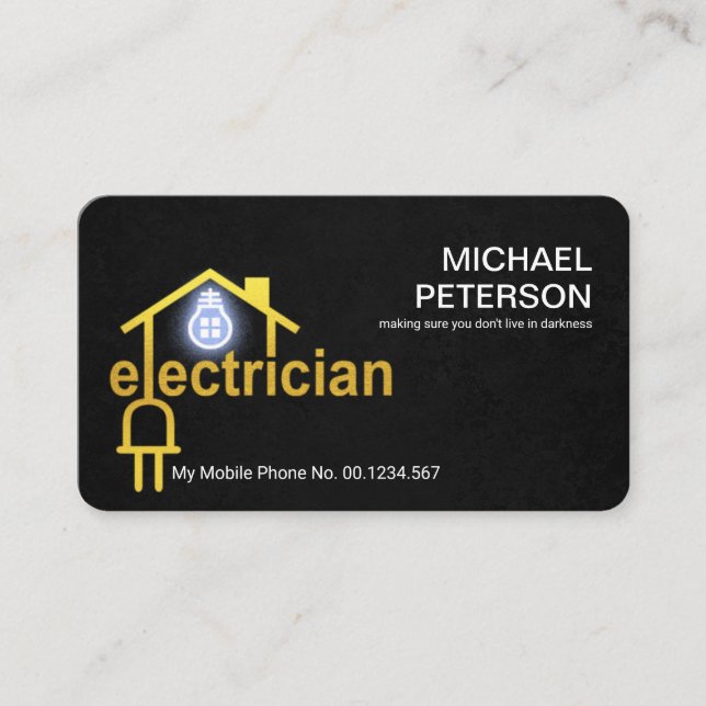 Gold Electrician Home Black Grunge Business Card (Front)