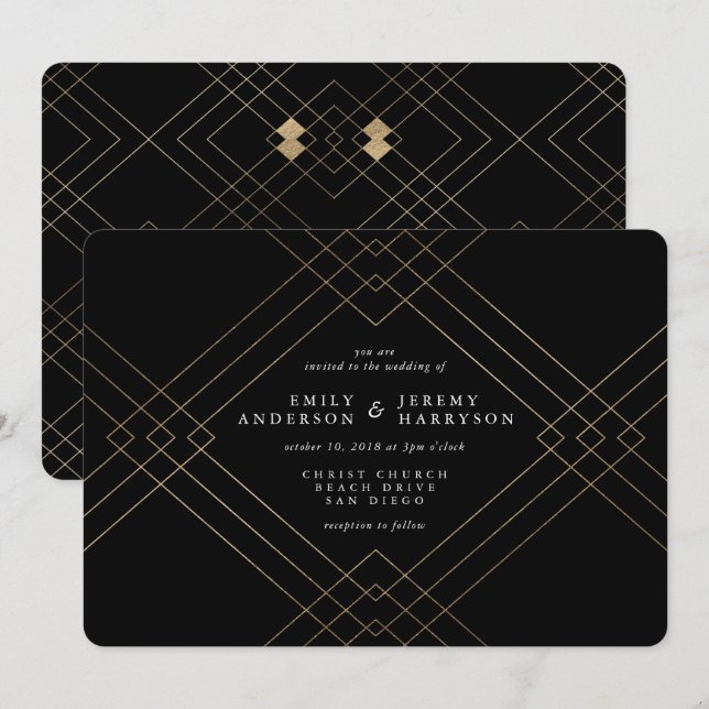 Gold Elegance Black Diamond Gatsby Wedding Invitation (Front/Back)