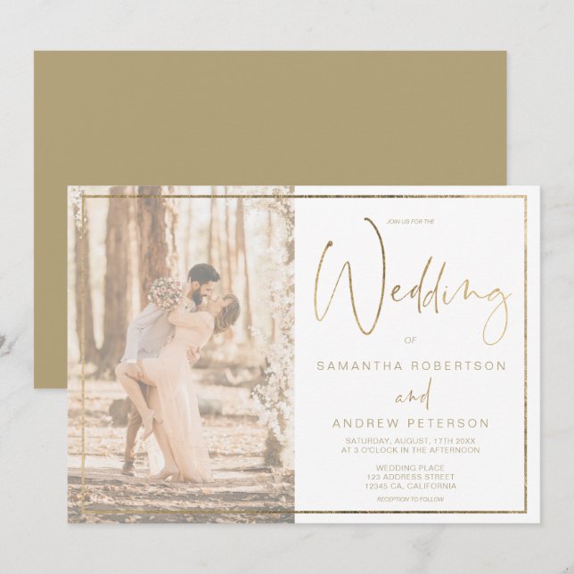 Gold elegance frame calligraphy photo wedding invitation (Front/Back)