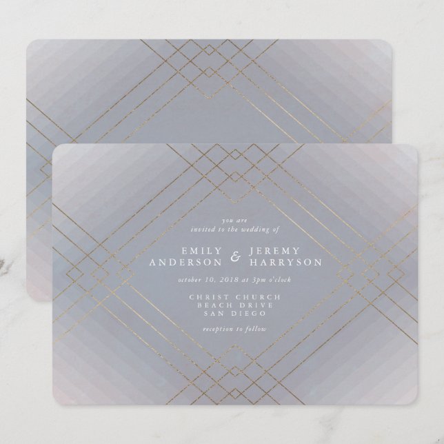 Gold Elegance Grey Diamond Gatsby Wedding Invitation (Front/Back)
