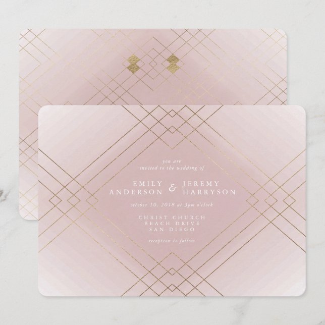 Gold Elegance Pink Diamond Gatsby Wedding Invitation (Front/Back)
