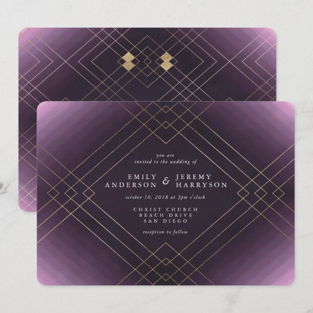 Gold Elegance Purple Diamond Gatsby Wedding Invitation (Front/Back)