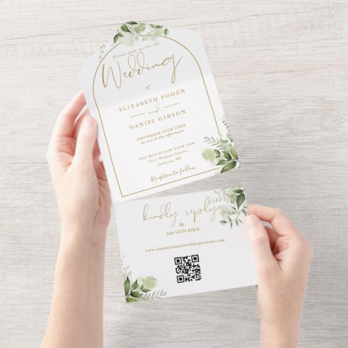 Gold Elegant Arch Greenery Floral QR Code Wedding All In One Invitation