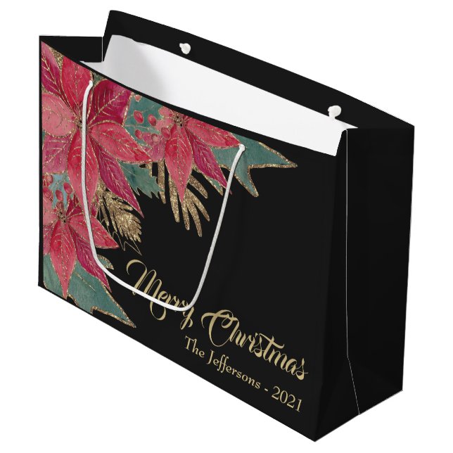 Gold Elegant Black Red Poinsettia Merry Christmas Large Gift Bag (Front Angled)