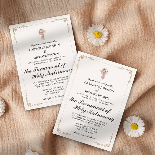 Gold Elegant Border Nuptial Mass White Invitation