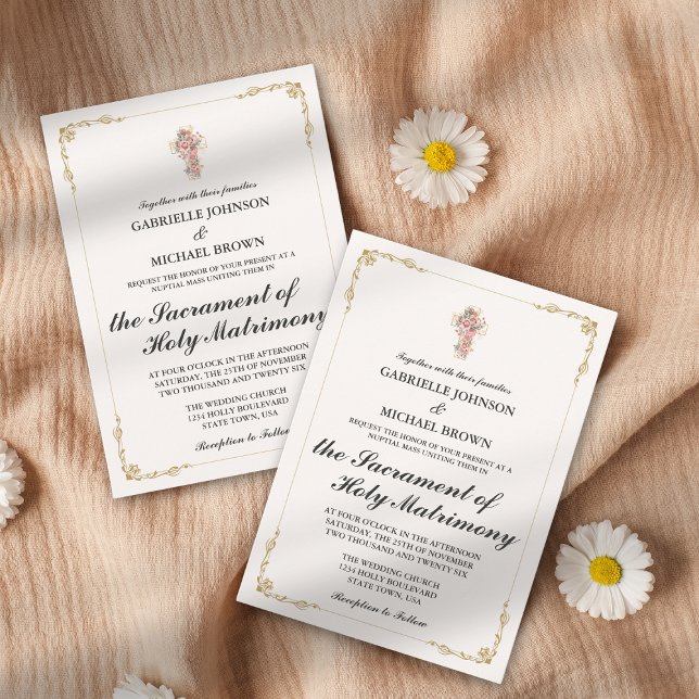 Gold Elegant Border Nuptial Mass White Invitation (Creator Uploaded)