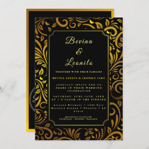 Gold Elegant Botanical Seamless Script M Wedding Invitation
