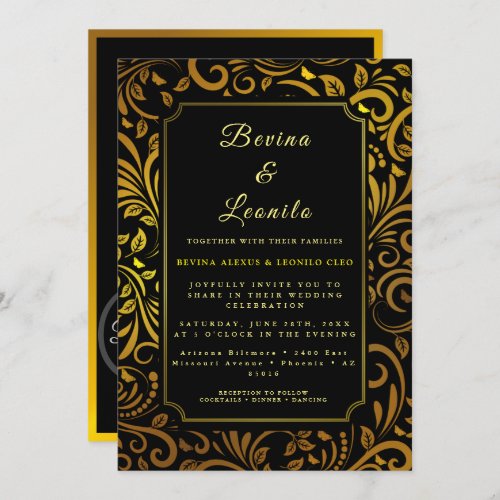 Gold Elegant Botanical Seamless Script M  Wedding Invitation