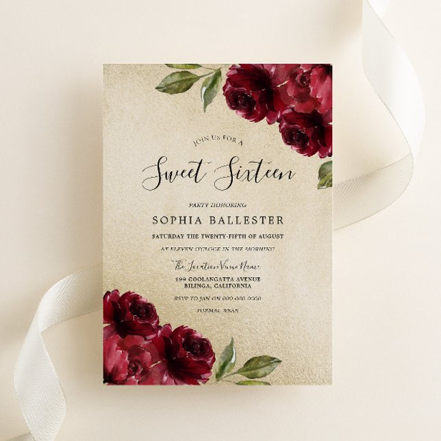 Gold Elegant Burgundy Red Flowers Sweet 16 Invitation (Creator Uploaded)