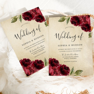 Gold Elegant Burgundy Red Flowers Wedding Invitation