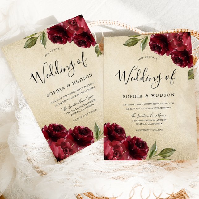 Gold Elegant Burgundy Red Flowers Wedding Invitation (Creator Uploaded)