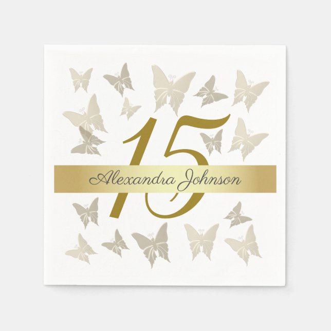 Gold Elegant Butterflies 15th Birthday Quinceanera Napkins (Front)