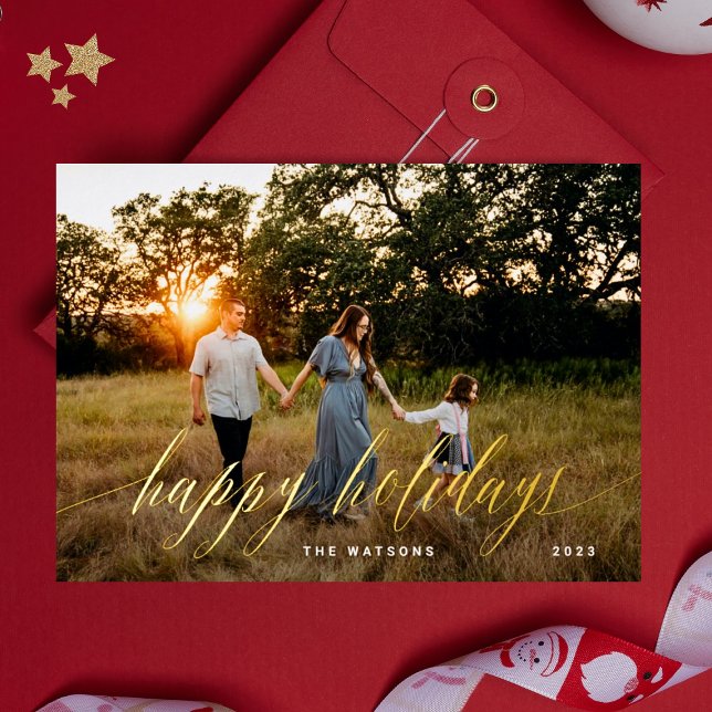 Gold Elegant Calligraphy Happy Holidays Foil Foil Holiday Card (Creator Uploaded)