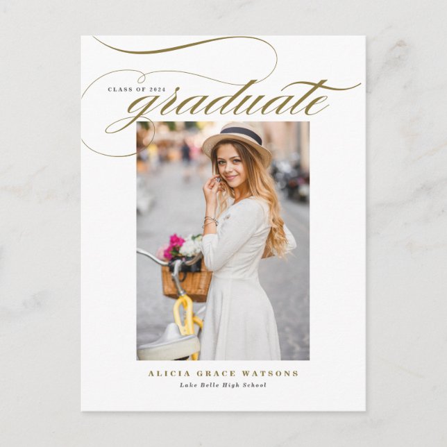 Gold Elegant Calligraphy Photo Graduation Announcement Postcard (Front)