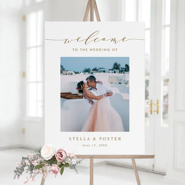 Gold Elegant Calligraphy Photo Wedding Welcome Poster | Zazzle