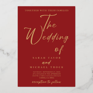 Gold Elegant calligraphy Red Wedding invitation Foil Invitation