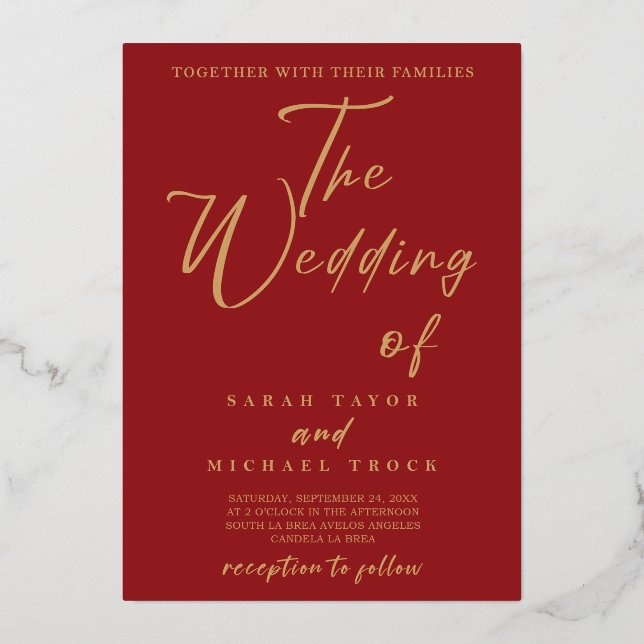 Gold Elegant calligraphy | Red Wedding invitation Foil Invitation (Front)