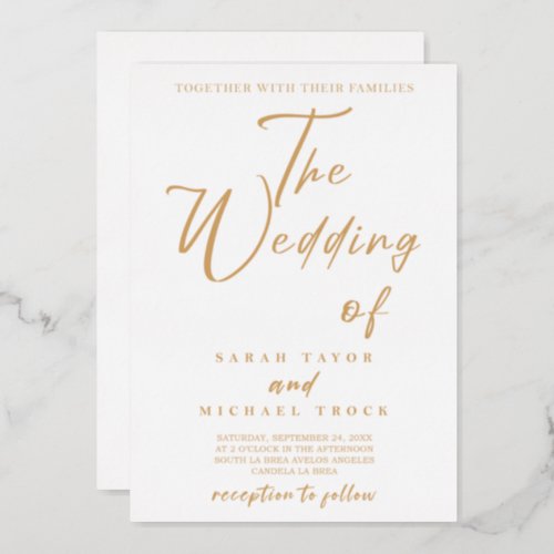 Gold Elegant calligraphy White Wedding Invitation Foil Invitation