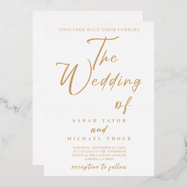 Gold Elegant calligraphy |White Wedding Invitation Foil Invitation (Front/Back)