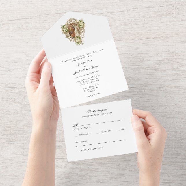 Gold Elegant Catholic Floral Wedding  All In One Invitation (Tearaway)