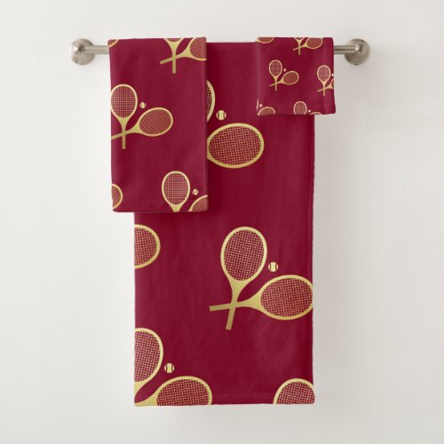 Gold Elegant Chic Classic Tennis Rackets Burgundy Bath Towel Set